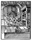 At left in the foreground, a printer removes a printed page from the press. The printer at right is inking the plate. In the background, compositors are using cast type. Presses of this type could make 240 prints per hour.