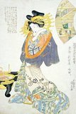 A yobidashi is a Yoshiwara top-ranked oiran or prostitute. Tortoise shell is very lightweight, but she is wearing so many combs and hairpins in her hair that it makes them look heavy. Her kimono also has a foreign flavor with its stripes and calico strips.<br/><br/>

Utagawa Kunisada (1786 – January 12, 1865), also known as Utagawa Toyokuni III) was the most popular, prolific and financially successful designer of ukiyo-e woodblock prints in 19th-century Japan. In his own time, his reputation far exceeded that of his contemporaries, Hokusai, Hiroshige and Kuniyoshi.
